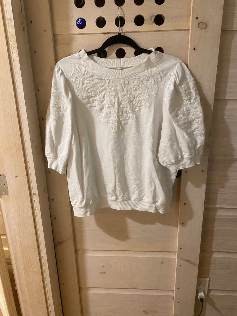 Anthropologie short sleeve embroidered/ appliqué white sweatshirt